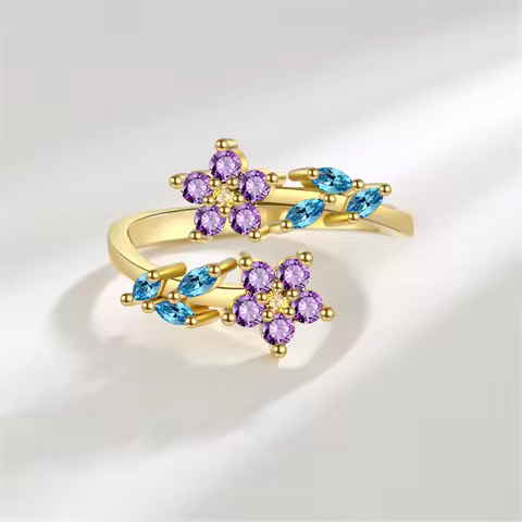 Charm Female Rainbow Zircon Stone Leaf Flower Adjustable Open Ring Gold Silver Color Cute Gift Wedding Jewelry For Women