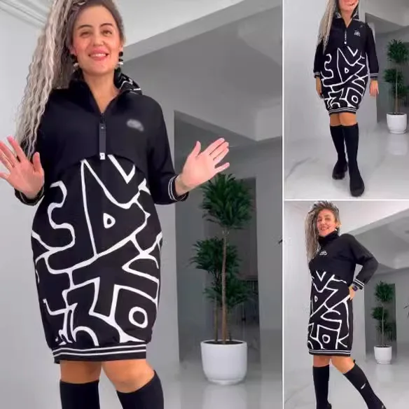 Fashion Fake Two Pattern Printed Dress Spring Autumn New Women's Casual Long Sleeve Black Dress Trendy Women Y2k Clothing 2025