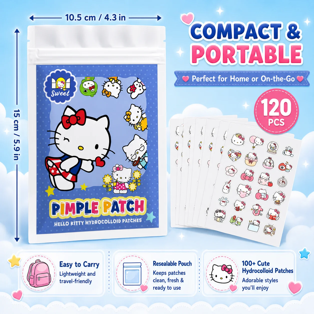 120PCS hello kitty Acne patches, facial acne patches, hydrogel acne removal patches, concealer view 5