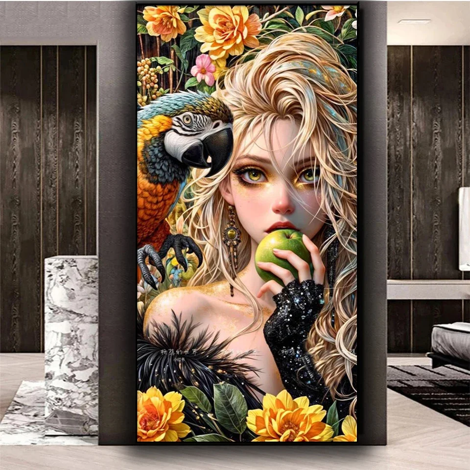 Parrot and Princess with Long Hair Diy Diamond Mosaic full Square Round Diamond Painting New 2024 Girl And Bird Home Decor Gift