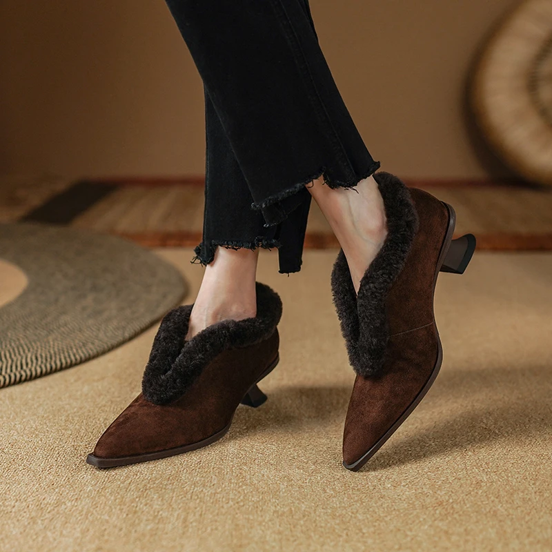 2024 New Spring/Autumn Genuine Leather Women Pumps Pointed Toe Chunky Heel Shoes for Women Mid Heels Suede Ladies Shoes