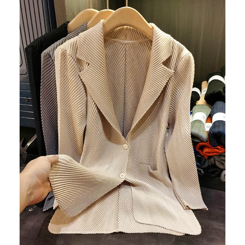 Miyake Pleated Autumn New Simple Solid Color Dragon Scale Pleated Suit Jacket Commuter Two-button Long-sleeved Cardigan Female