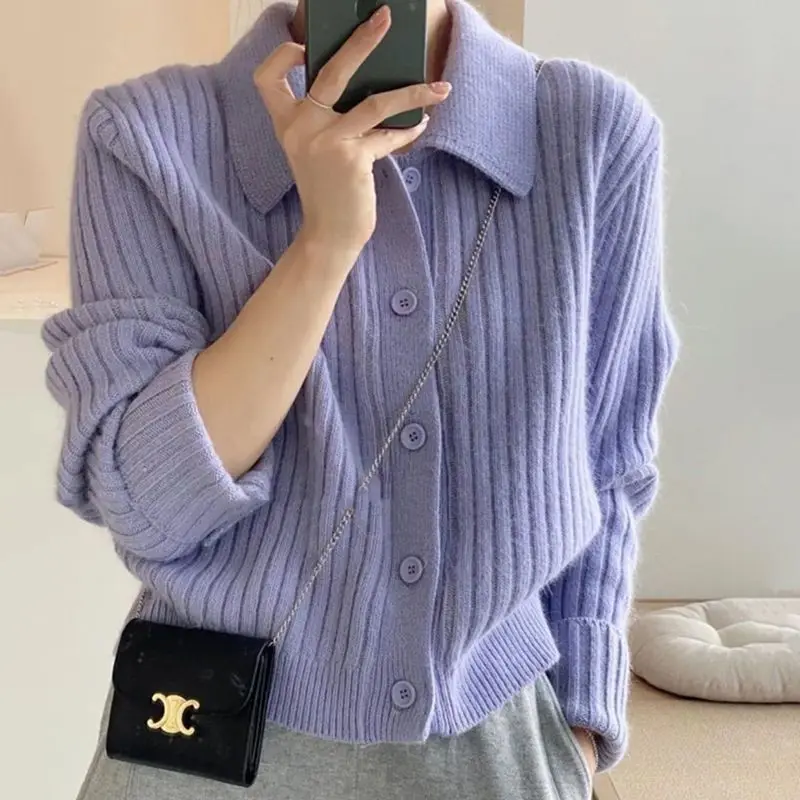 Gentle and Sophisticated Polo Collar Sweater Cardigan Women Short Vertical Stripe Slimming Knit Sweater Draped Over Shoulder