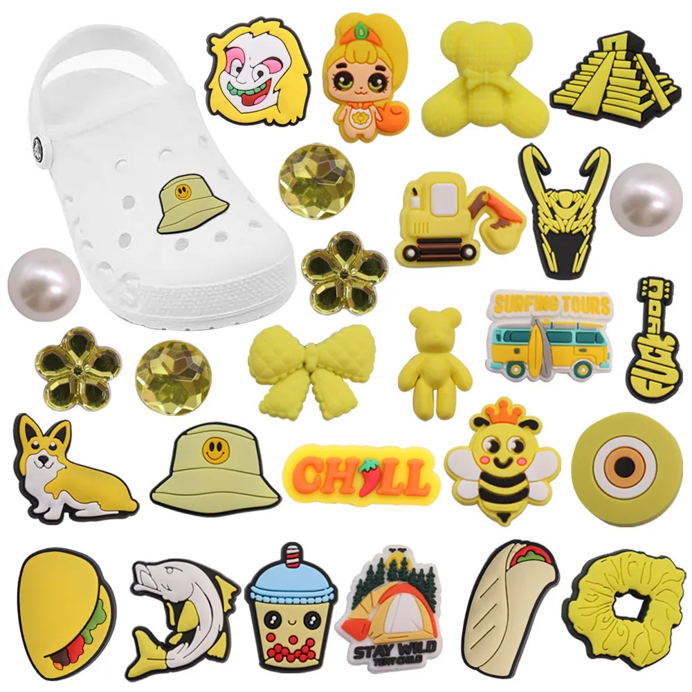 1-27Pcs Taco Bear Surfing Tours Fish Dog Sandals Shoe Buckle Charms Yellow Series Decorations DIY Phone Case Birthday Gift