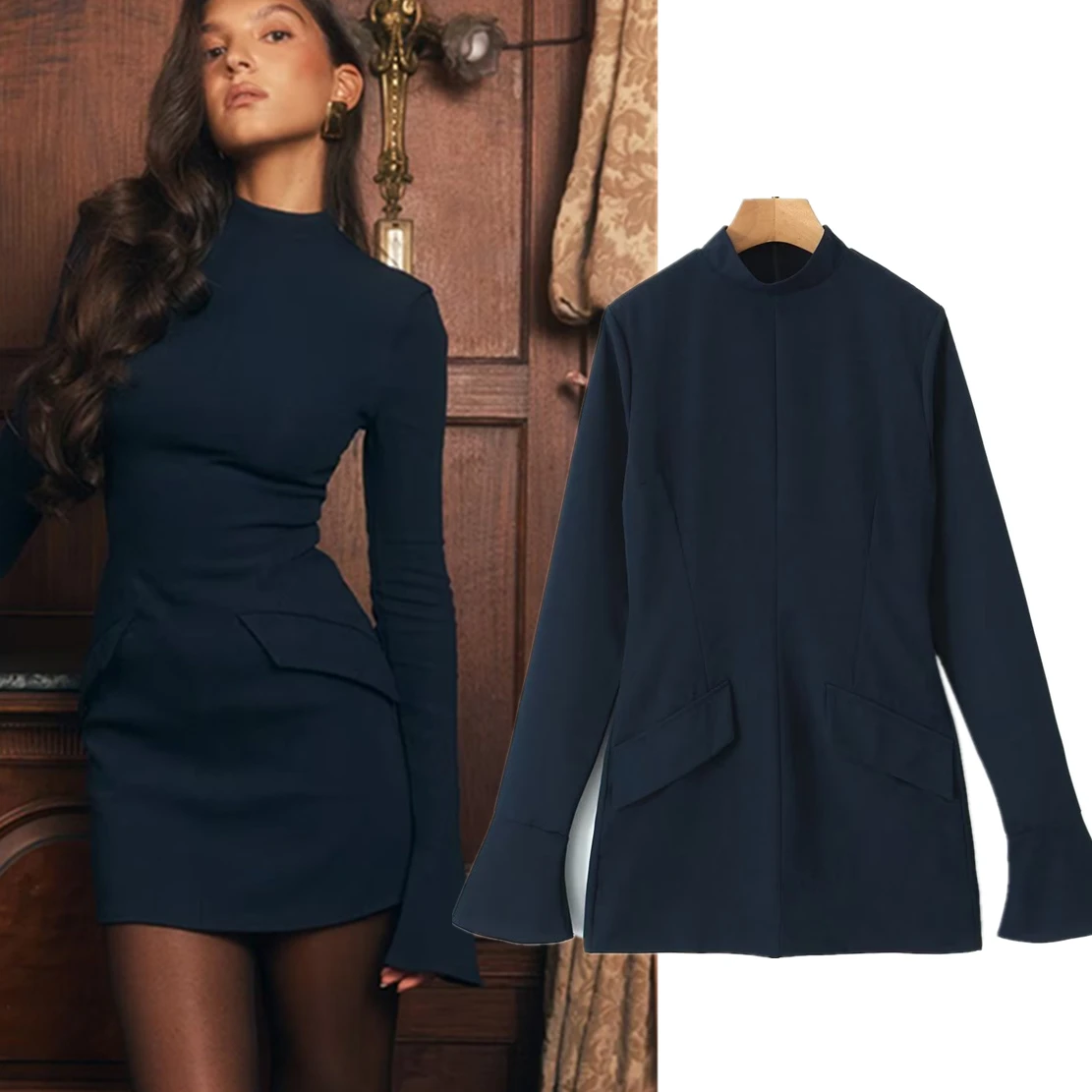 

Dave&Di Autumn Long Sleeve French Vintage Navy Fit Dress Fashion Slim Elegant Mini Party Dress Women