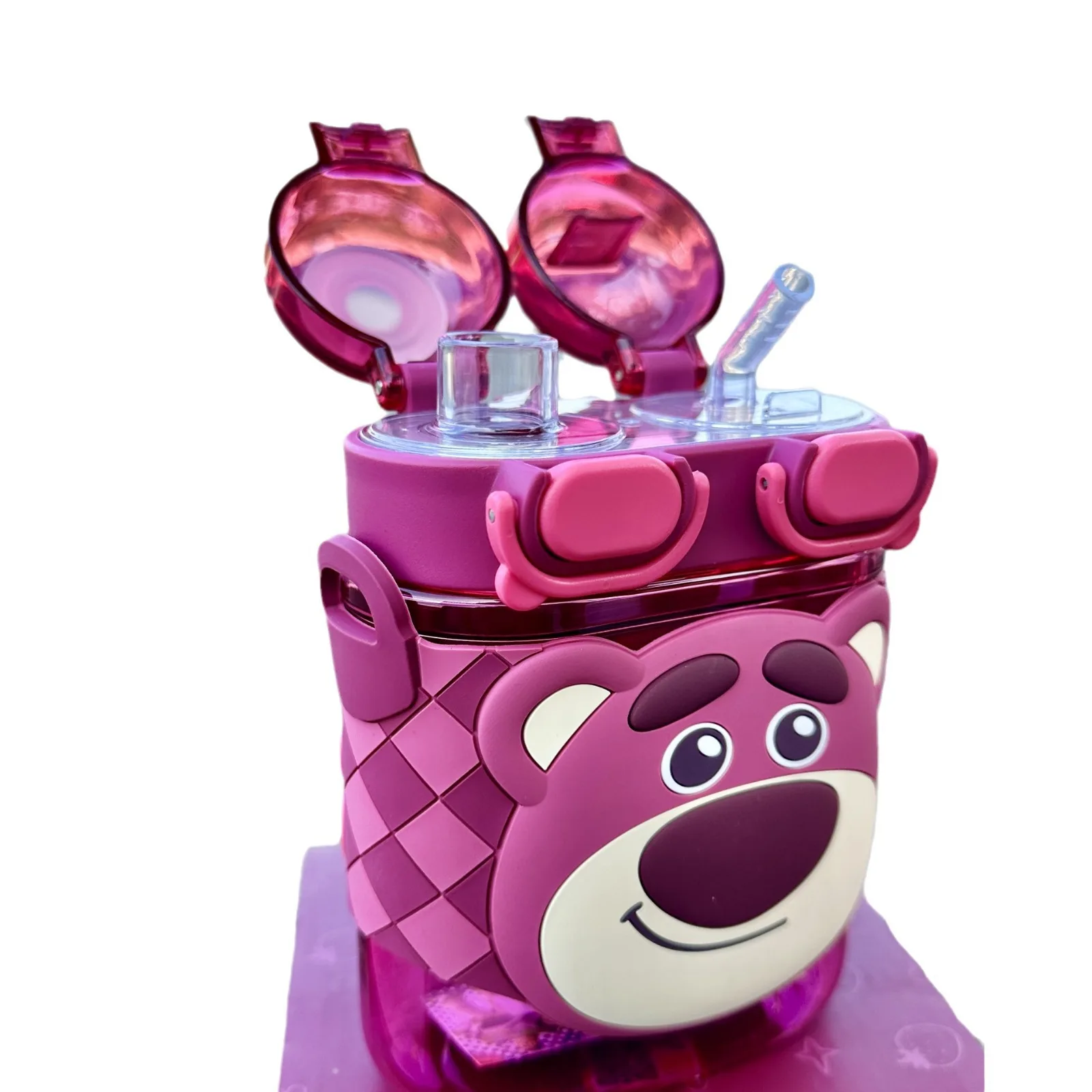 Kobiety Disney Lotso różowy miś dzieci plastikowa butelka wody słomkowy podwójny Drink dziewczęcy pasek na ramię przenośny Student