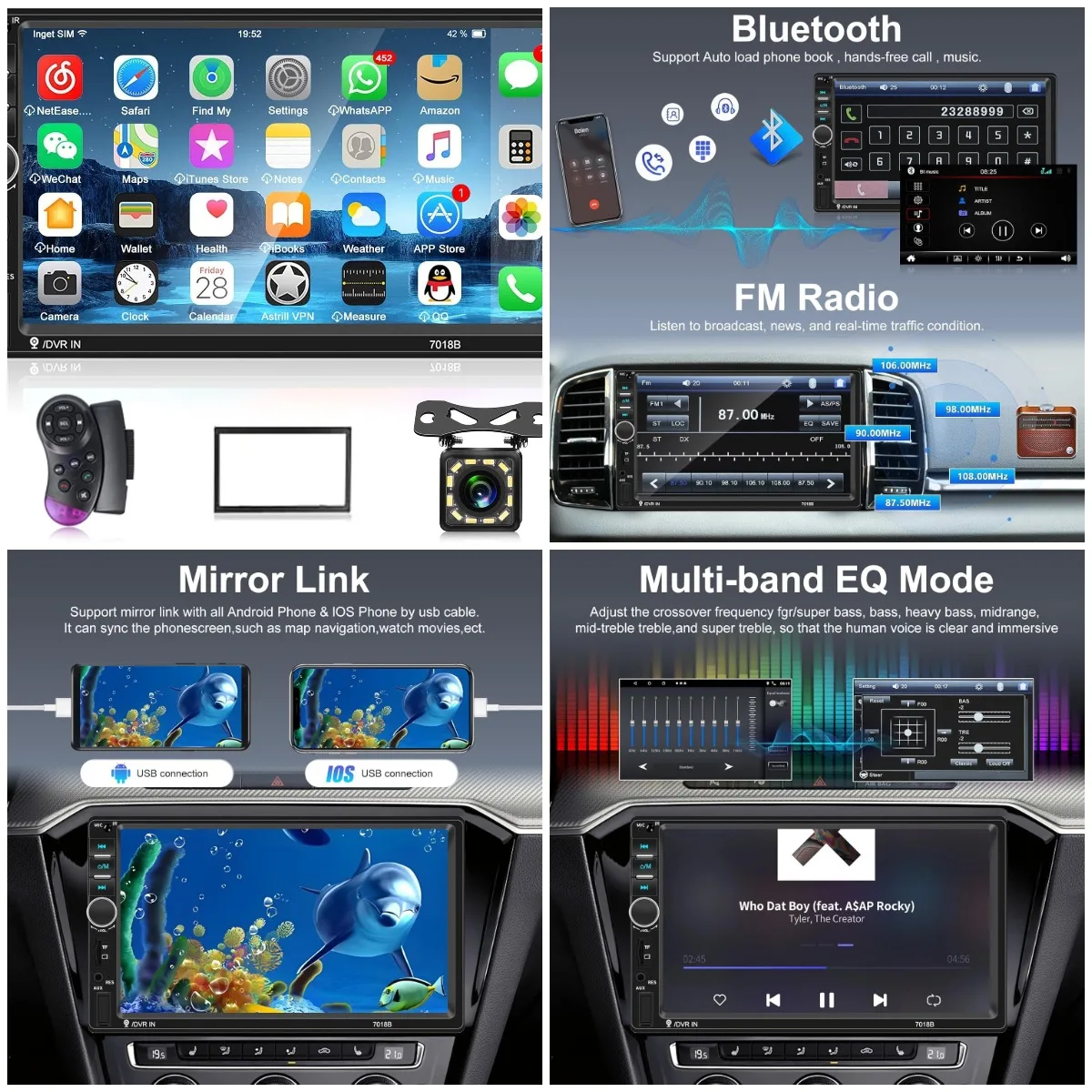 

7' Touch Screen Car Stereo with Bluetooth, Backup Camera, MirrorLink, USB/AUX/TF, Steering Control