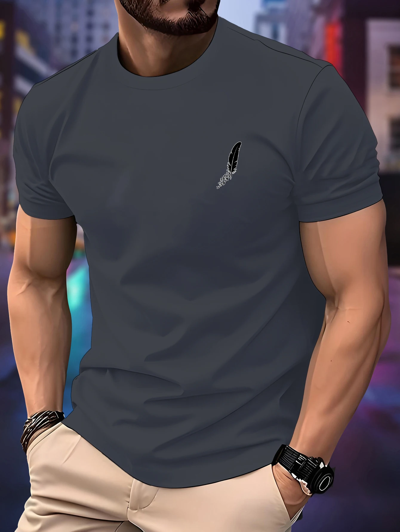New Round Neck Running T-shirt Men Summer Thin Top Feather print Quick Dry Short Sleeve Breathable Fitness Sports T-shirt Wear image 2