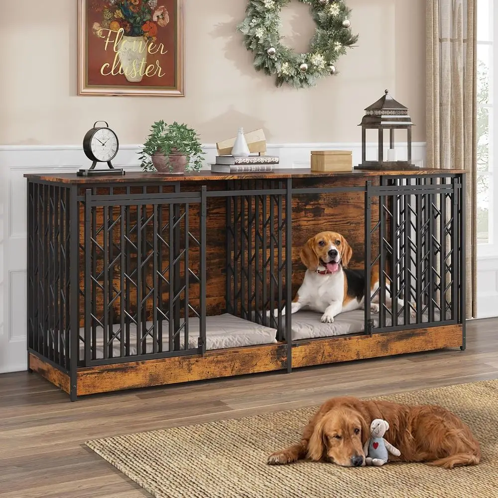

78.7 Heavy-Duty Metal Dog Crates - 1 Large or 2 Medium & Large with Divider, Brown Indoor Pet Furniture