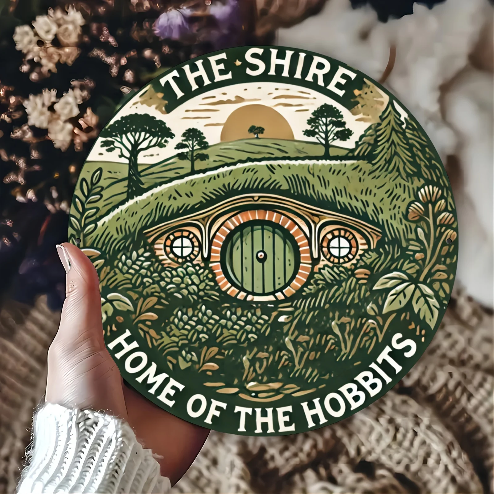 Letrero artístico de pared de metal redondo The Shire Hobbit's Home - Decoración de granja a prueba de herrumbre de 7,8 pulgadas para sala de estar, porche, dormitorio - Vibrador