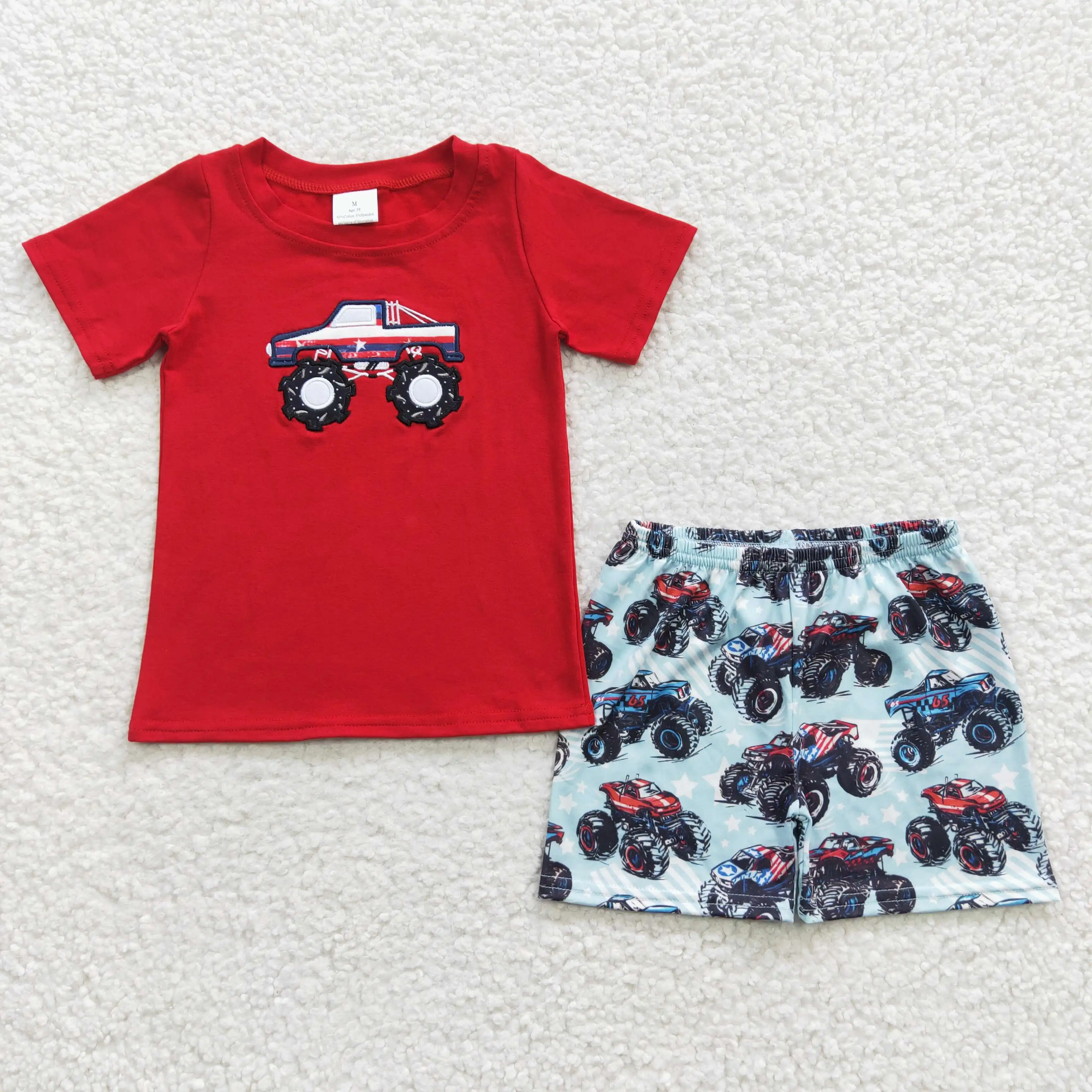 

BSSO0185 Summer kids clothes Boys Embroidered National Day Red Short Sleeve Shorts Sets Boutique baby boy clothes