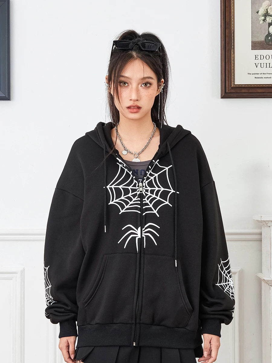 

Unisex Vintage Print Zipped Hooded Sweatshirts Punk Spider Web Long Sleeve Loose Coat for Autumn