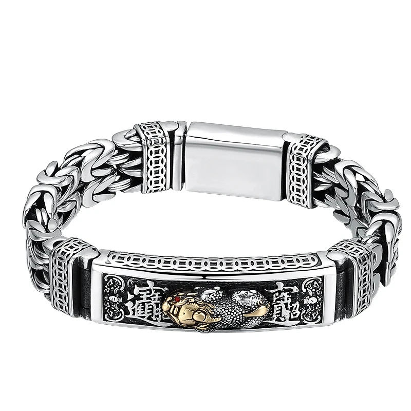 Chinese Style Retro Silver Double-stranded Peace Tattoo Money Brave Troops Men\'s Bracelet Personality Pop Retro Lucky Guy