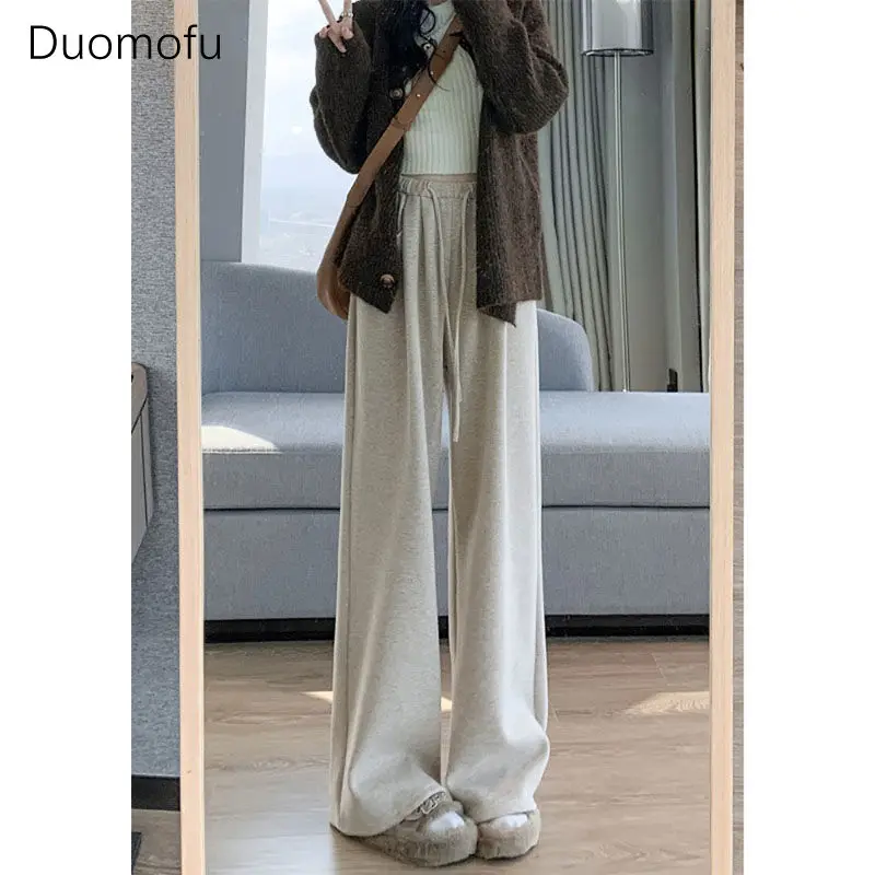 Duomofu Licht Grijze Hoge Taille Slanke Chicly Veters Damesbroek Herfst Losse Casual Mode Effen Kleur Eenvoudige Casual Damesbroek