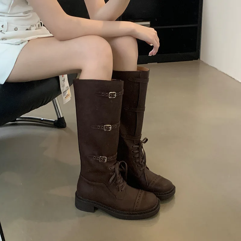 Riemgesp Smalle Band Veters Botas Mujer 2024 Tendencia Vierkante Neus Effen Kleur Leren Lange Laarzen Voor Dames Dikke Lage Hakken