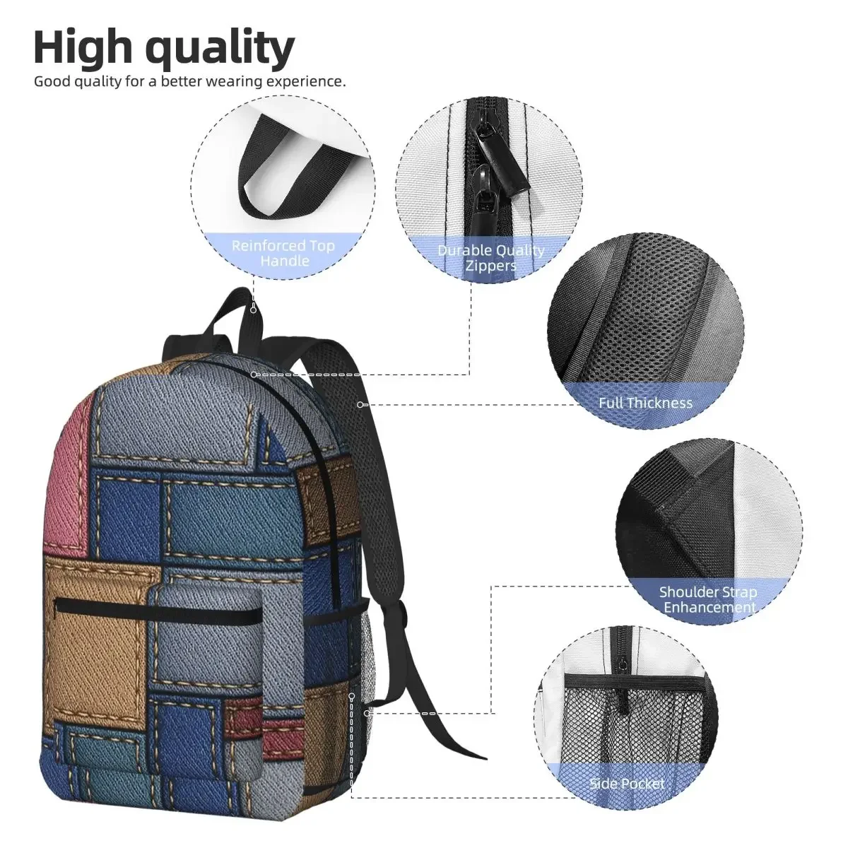 Blue Faux Denim Patchwork Quilt Backpack Daypack Large Capacity Boys Girls BookBag School Bag Shoulder Bags for Men Women