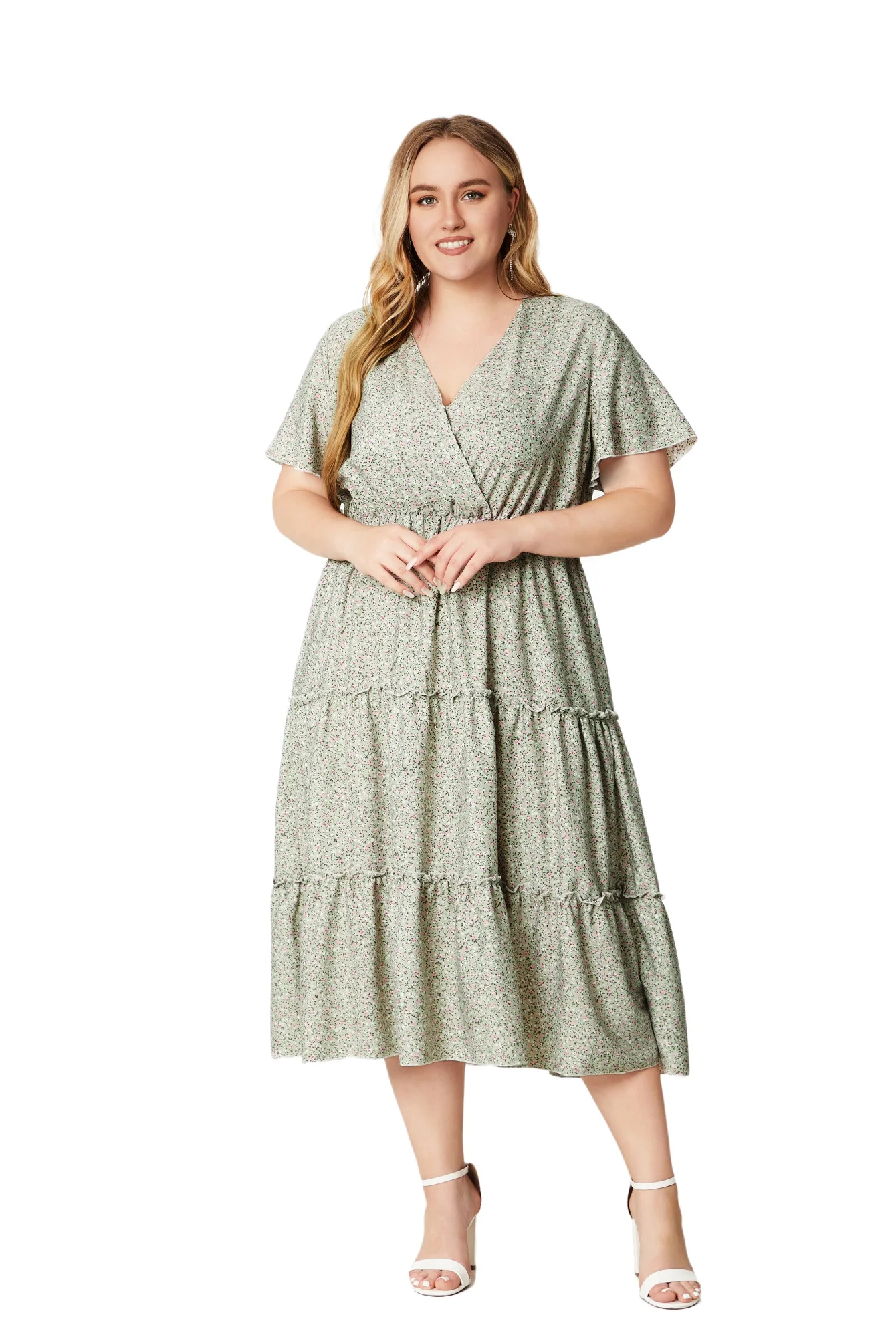 Plus Size manica corta con scollo a V stampa floreale Maxi abiti da donna