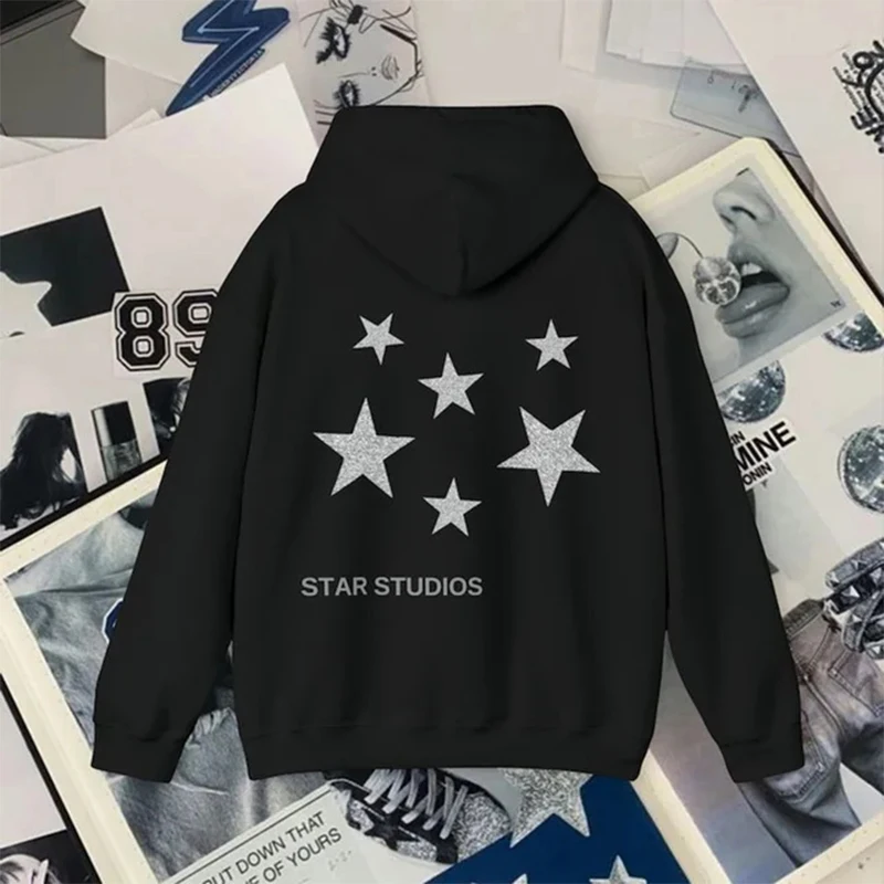 Y2K Hoodies Women Harajuku Hip Hop Letter Star Graphic Printed Loose Sweatshirt Punk Rock Gothic Clothes Top Streetwear Hooded