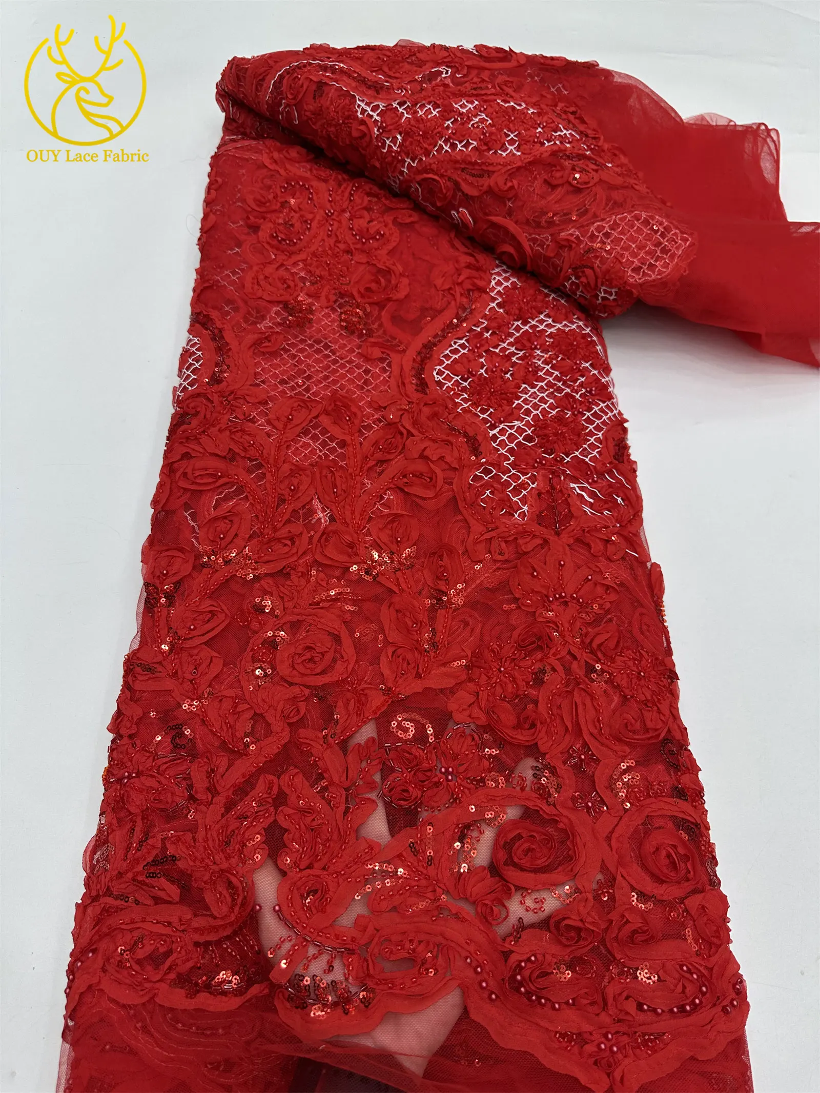 3D Afrikanischer Perlen-Spitzenstoff Schwarz Rot Luxuriöser Hochwertiger Französischer Pailletten-Tüll für Damen Abendkleid DIY Nähen 5 Yards – Detail 12