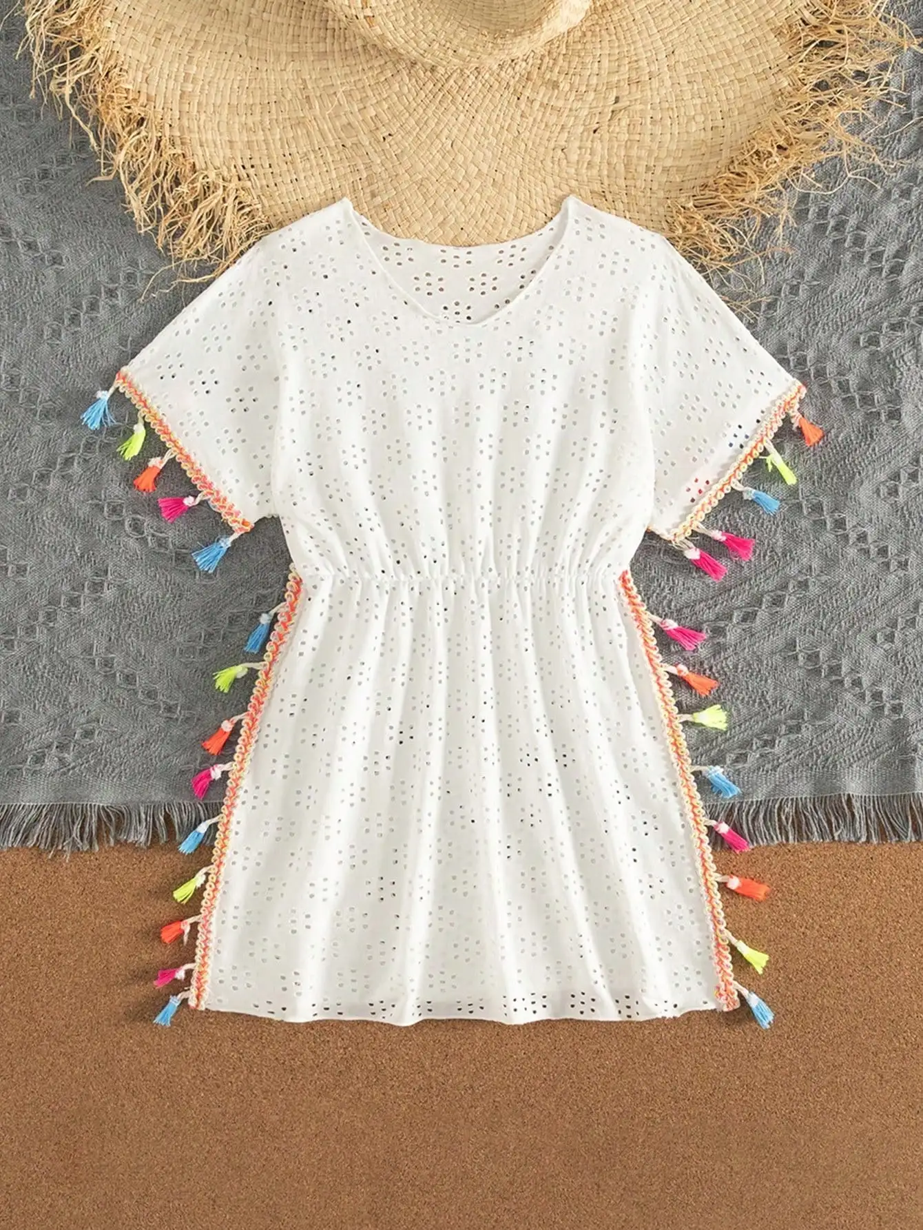 

Women White Eyelet Lace Cover Up Dress With Colorful Tassels Beach Vacation Summer Outfit