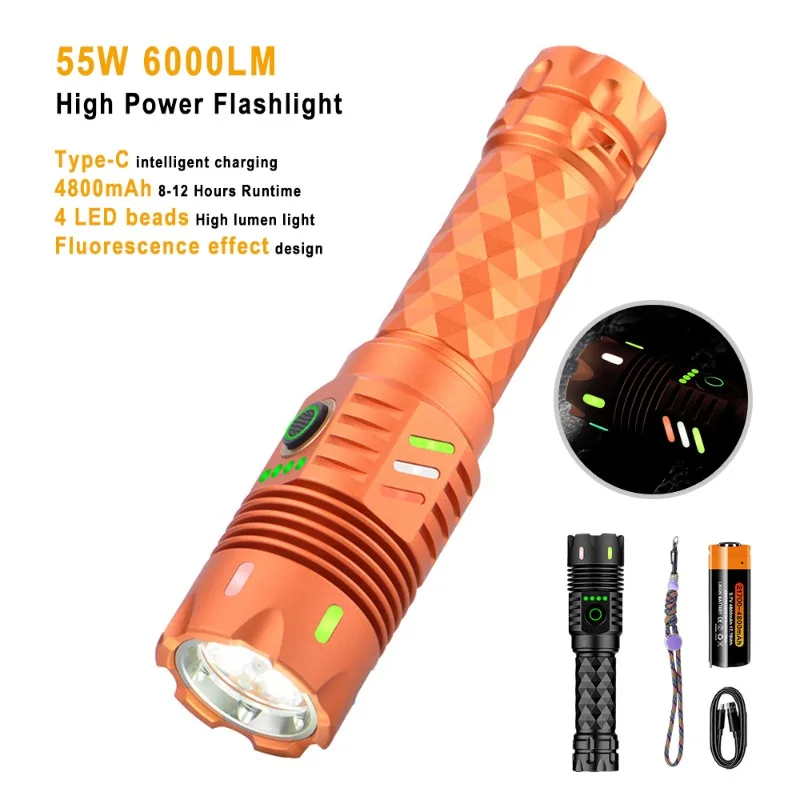 

55W Powerful Flashlights 4800mah Battery Emergency Flashlight Type-c Rechargeable Lamp for Outdoor Camping Cycling Night Scout
