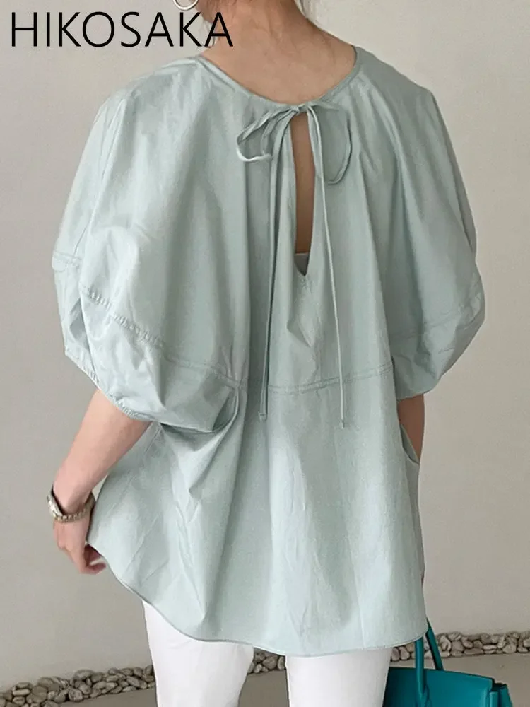 O-neck Lace-up Front and Back Wear Elegant Blouse Fashion Women Clothing Loose Lantern Sleeve Shirts Summer Casual Simple Blusas