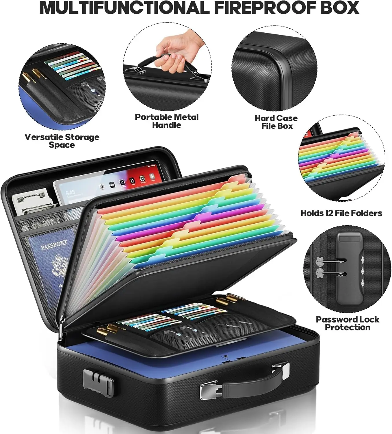 صندوق مستندات مقاوم للماء مقاوم للحريق مع قفل، حافظة صلبة محمولة لتخزين الملفات المهمة والأشياء الثمينة (15 × 11 × 5 بوصة) #5
