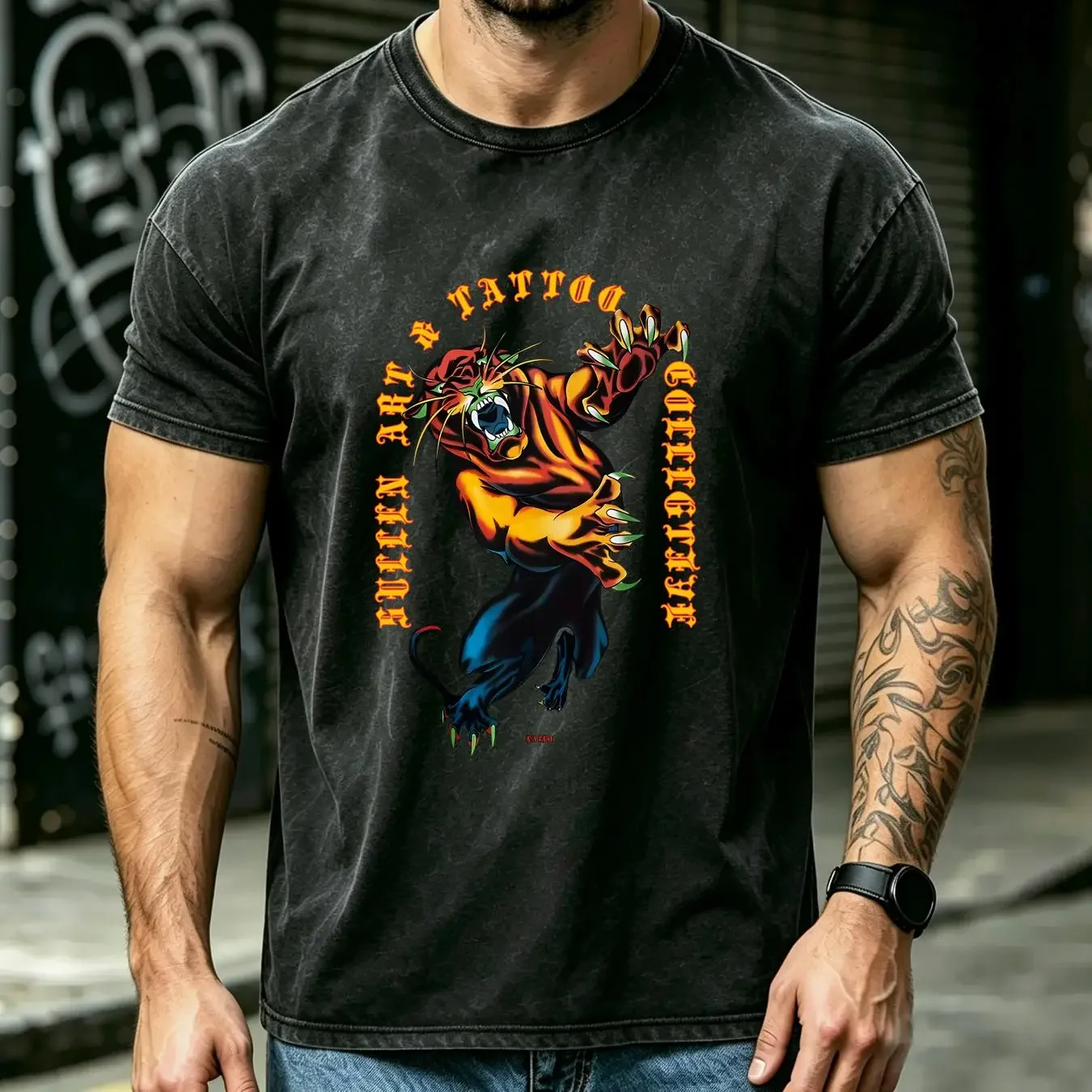 washed T Shirt Sullen Eneko Panther Tiger Claws Wild Tattoo Ink Fangs Punk Biker SCM3632 long or short sleeves vintage Washed