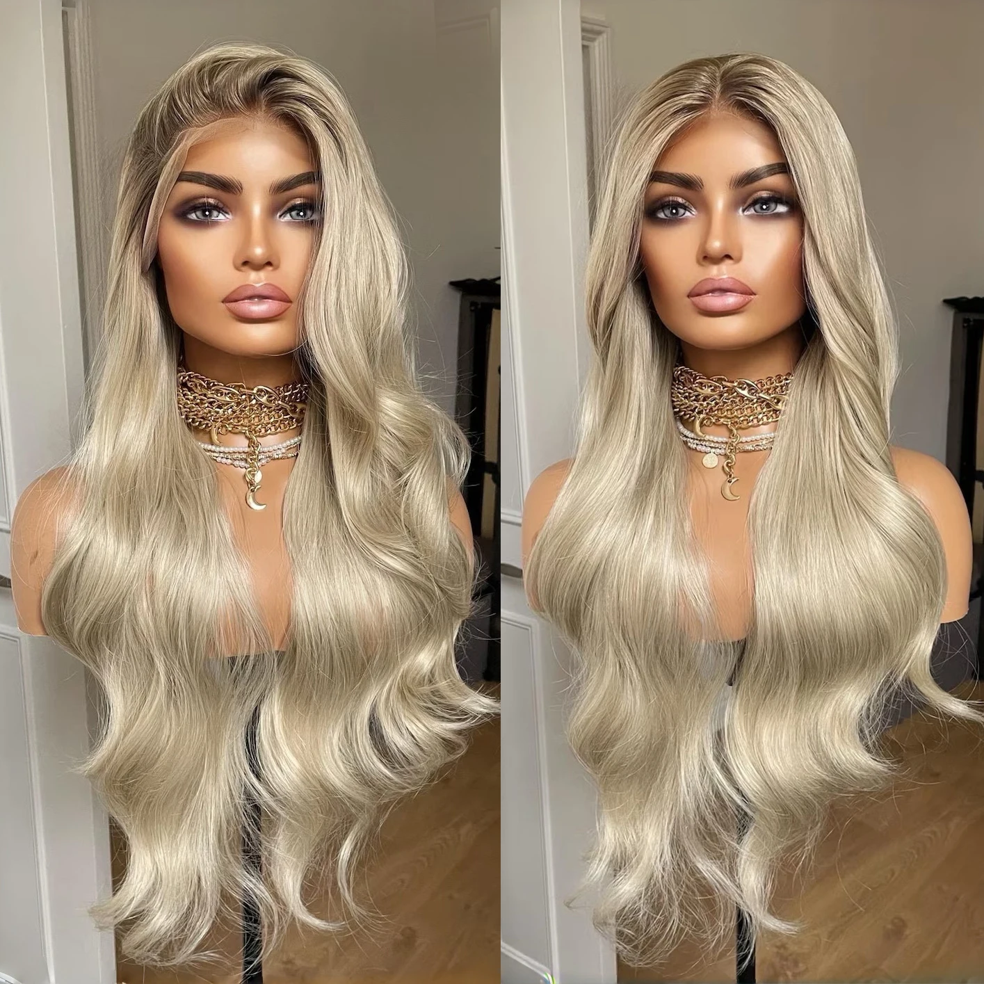 

Ombre Blonde 13x4 Long Natural Wave Lace Front Wig Dark Roots Heat Resistant Synthetic Hair Natural Hairline Daily Wear Wigs