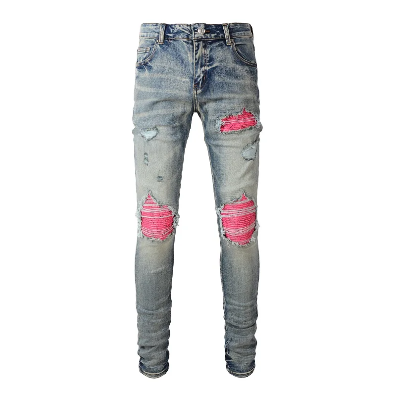 

EU Drips Jeans Blue Streetwear High Stretch Distressed Pink Patches Holes Moustache Slim Fit Ripped Jeans Men