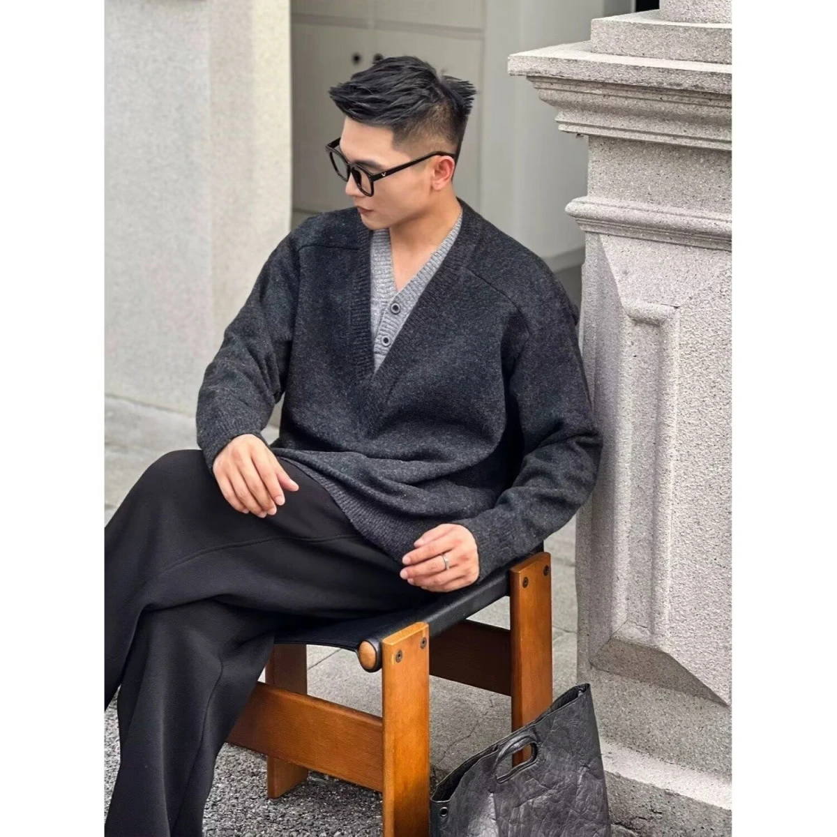 

Retro Japanese Sle Men's Long Sve T-irt Loose V-Ne Color Blo Design Polyester Fiber Winter Faion Casual Wear