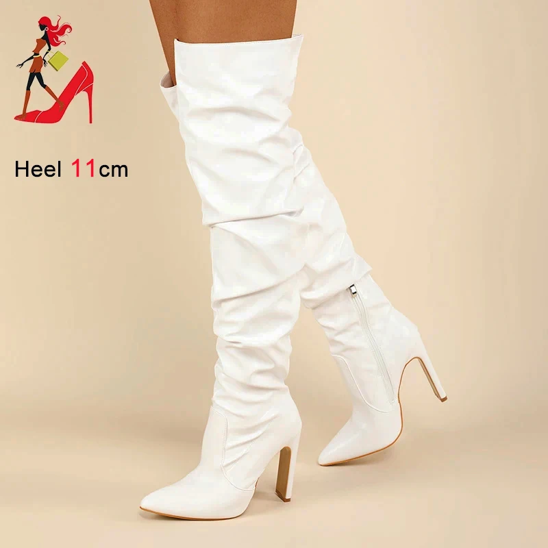 

Street Style Pointed Toe Boots For Women Side Zip Pleated High Heels 2023 Autumn New Party Female Shoes Over-the-Knee Long Boots