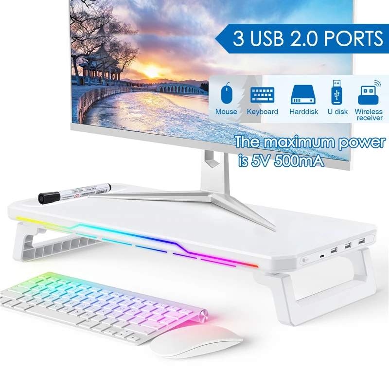 Computer Monitor Riser Stand Storage Rack with RGB Lighting + Wireless Charging + 3 USB Ports White Foldable Desktop Organizer