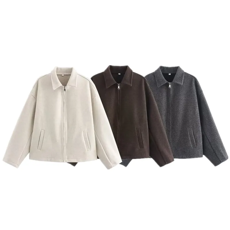 Automne hiver femmes coupe ample t-shirt couleur large Sle fermeture éclair manteau en laine Design polyvalent décontracté Faion vêtements d'extérieur