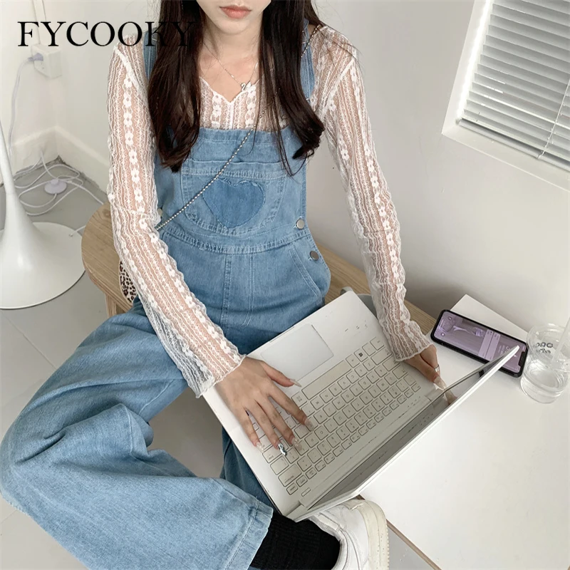 デニムオーバーオール女性新レトロデザインハートワイドレッグパンツファッションハイウエストルーズジーンズジャンプスーツ女性