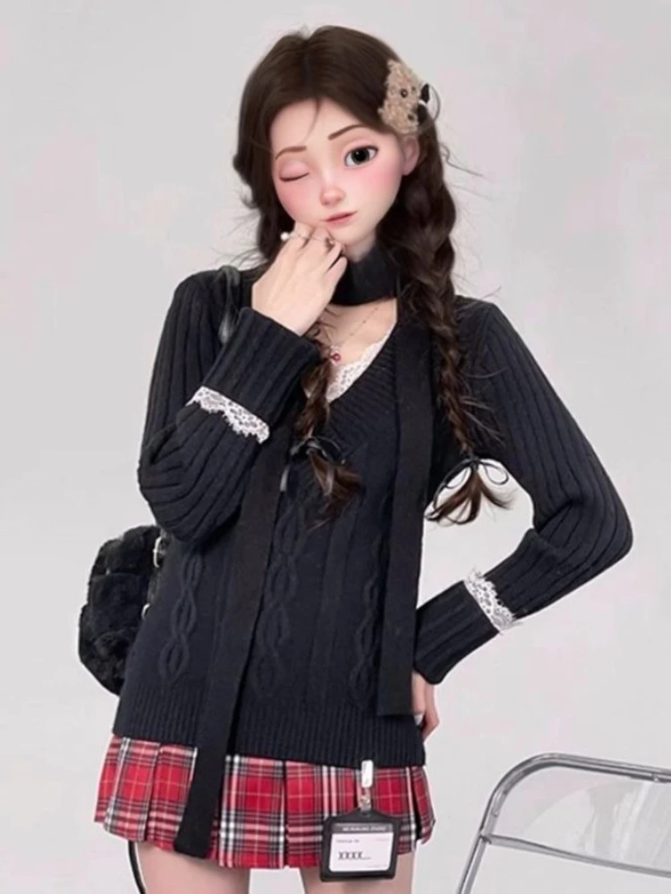 Adrette Spitze Patchwork Pullover Grunge Vintage Frauen Twist Slim Fit Pullover Herbst Y2k Ästhetische Casual Strickpullover