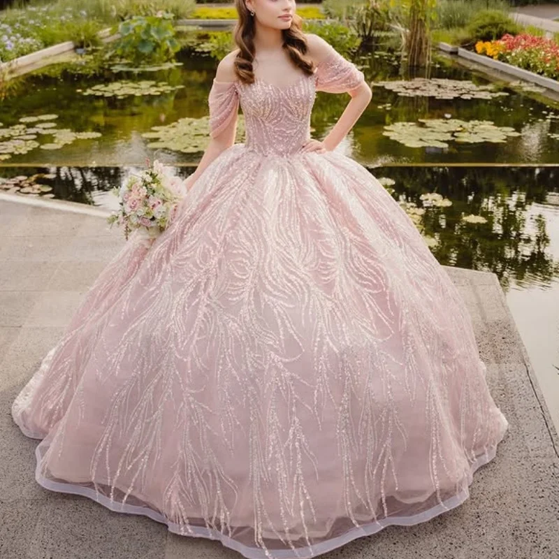 Vestido quinceanera rosa brilhante, renda tull, glitter, decalque, cauda longa, vestidos de 15 quinceanera ﻿ Personalizado