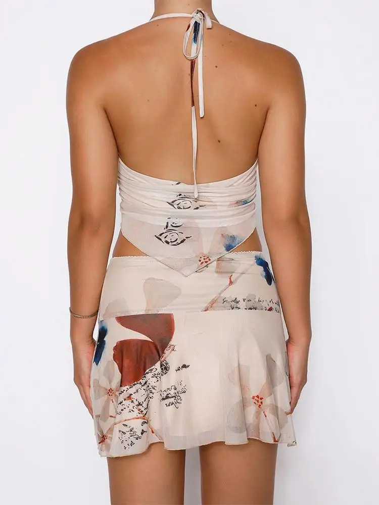 

Women's Printed Neck Hanging Vest Short Skirt Set Sleeveless Short Style Sexy Summer Fashion Two-Piece Suit Casual Wear