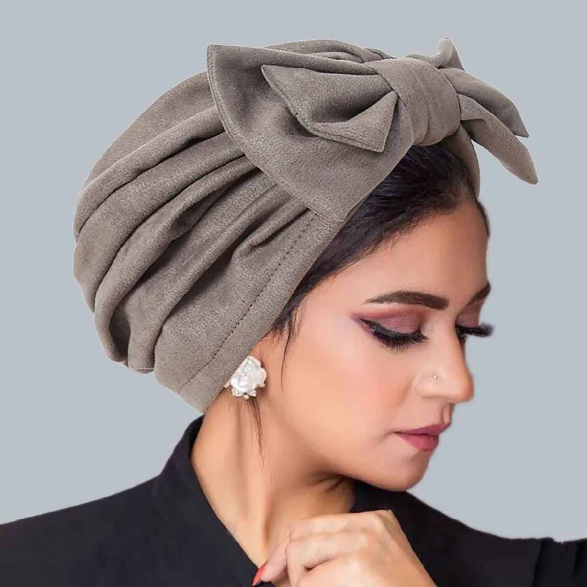 New Women's Solid Color Suede Hijab Muslim Detachable Bowknot Decor Turban Bonnet Head Wrap Head Scarf Indian Hats Islamic Mujer