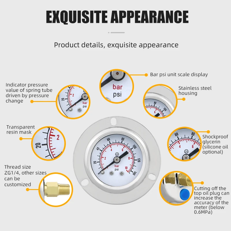 MAIRUIKESI Hot Seal Pressure Gauges Manometer 40mm -1-0-400bar/psi Back Connection With Flange For Air Water Fuel Oil