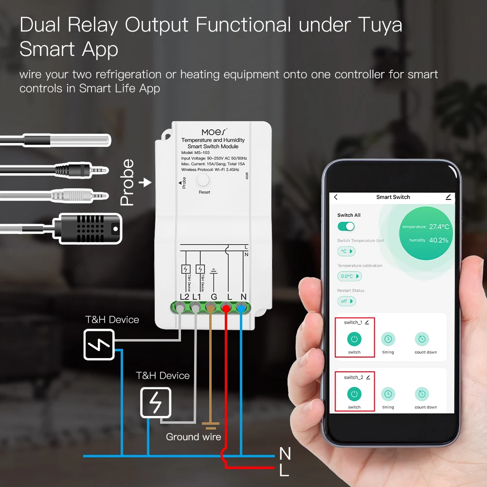 Sensor de módulo interruptor de temperatura e umidade inteligente WiFi, saída de relé duplo, controlador sem fio, trabalhar com Alexa e Google, aplicativo Smart Life