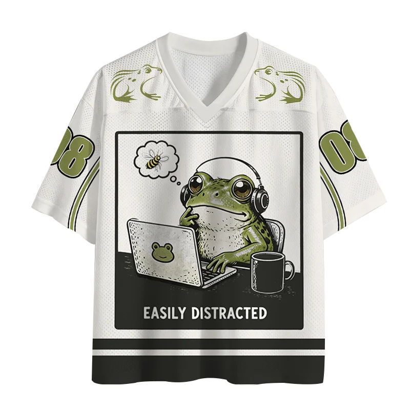 Japanese Style Artistic Style New Easily Distracted Frog Men Women American Retro V-neck Mesh Jersey Short Sleeved Kids Shirt