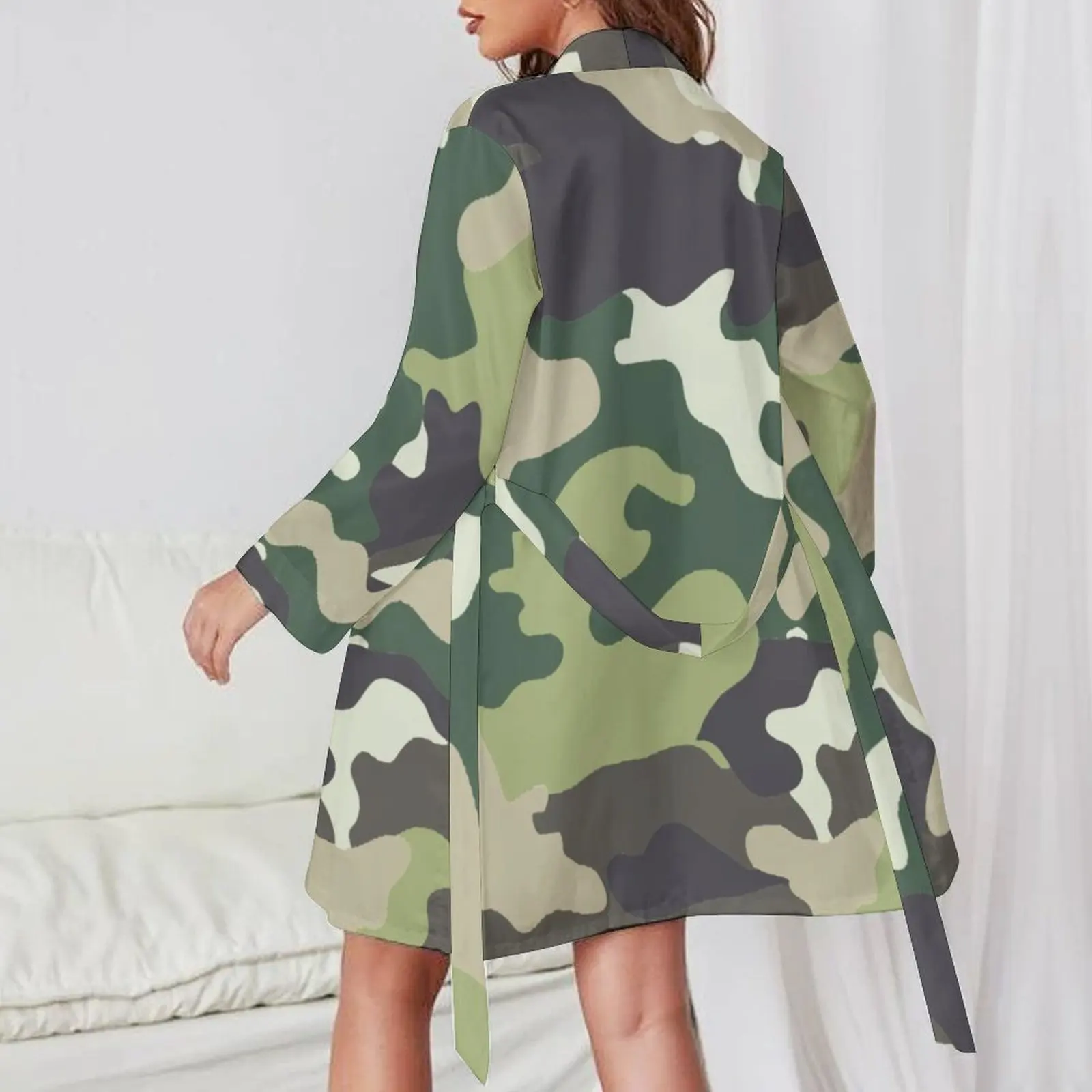 Multi Camouflage Pajama Robe V Neck Green Camo Print Graphic Bathrobe Lady Long Sleeve Sexy Pajamas Robes Daily Bedroom Dress