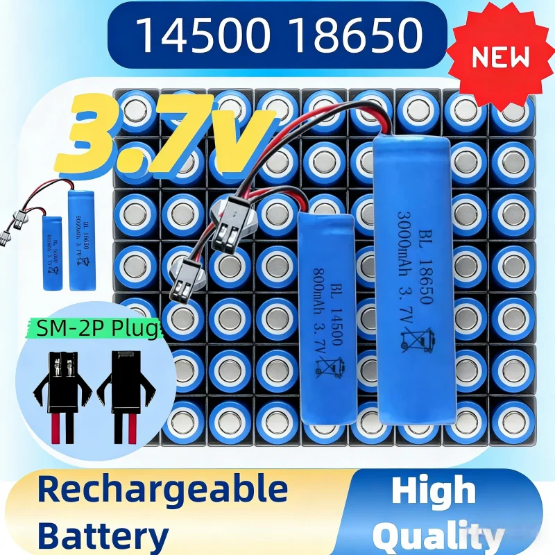 14500 18650 3.7V Li-ion Battery High-Capacity with SM-2P Plug for RC Car, Truck, Boat, Tank Toys Upgrade