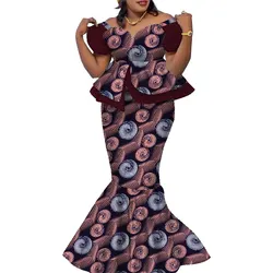 Bintarealwax styl afrykański 2-częściowe stroje zestaw kobiet Dashiki elegancka Crop Top z falbanką i długa spódnica damska garnitur ślub WY9085