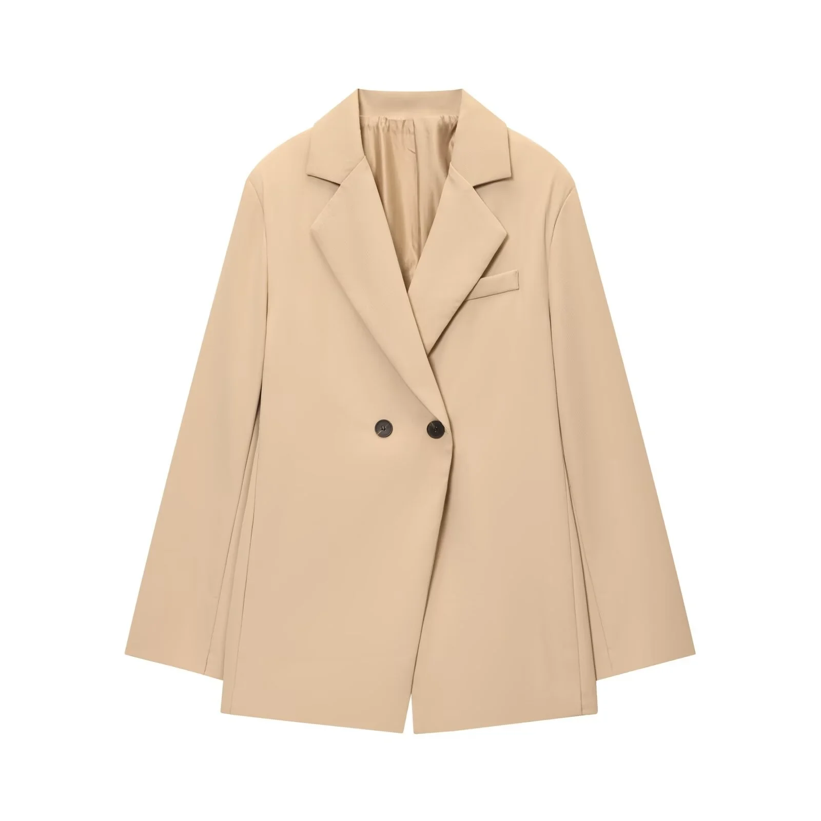 Damska kurtka garniturowa na zimę 2025, casualowa, w stylu dojazdowym, z klapami, długim rękawem, dwurzędowa, zapinana na dwa guziki, podkreślająca talię, dopasowana.