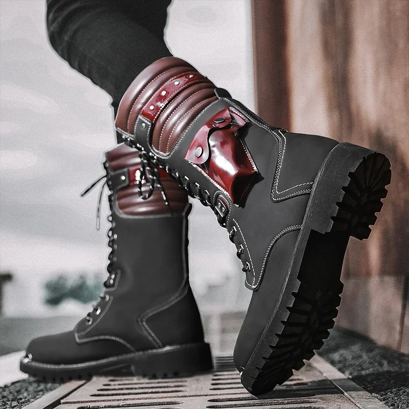 Winter High Heel Men Boots Casual Fashion Punk Motorcycle Boots Lace-up Leather High Black Biker Solid Boot Military Men Shoes