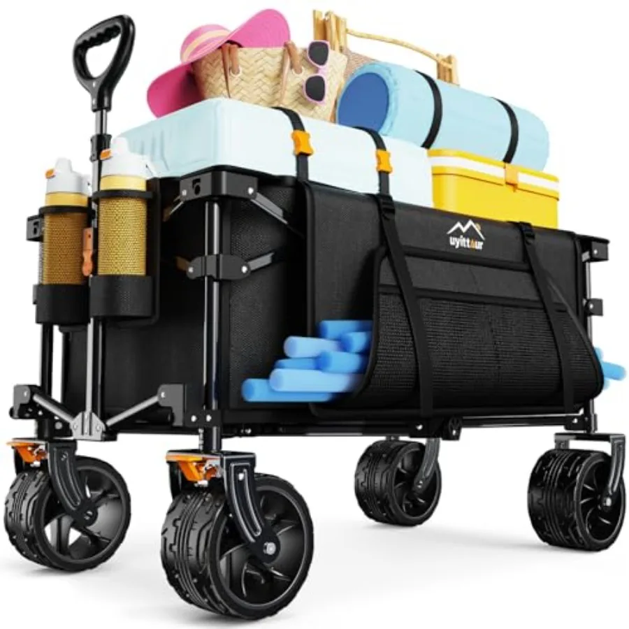 Heavy Duty Foldable Wagon Cart for Beach Camping Outdoor Activities, Steel Frame with Black Finish, Large Sand Wheels, Side Poc