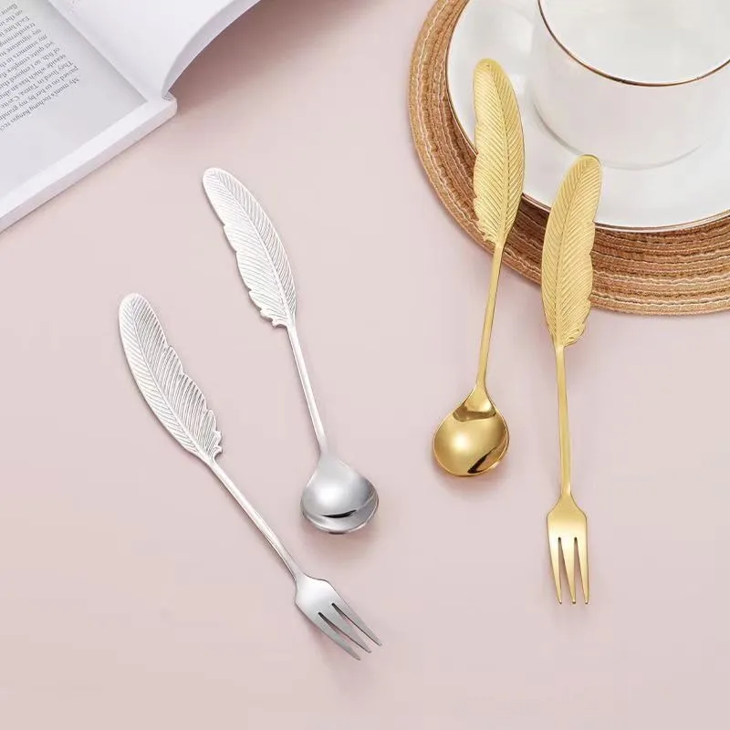 

Coffee Spoon Creative Feather Shape Handle 304Stainless Steel Tea Dessert Mixing Spoon for Home，Fork