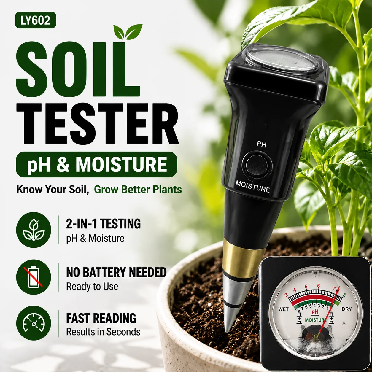 Garden Soil Tester PH Moisture Meter for Indoor Plants Balcony Garden Flowers Plant Care Tool 2 in 1 No Battery Instant Reading